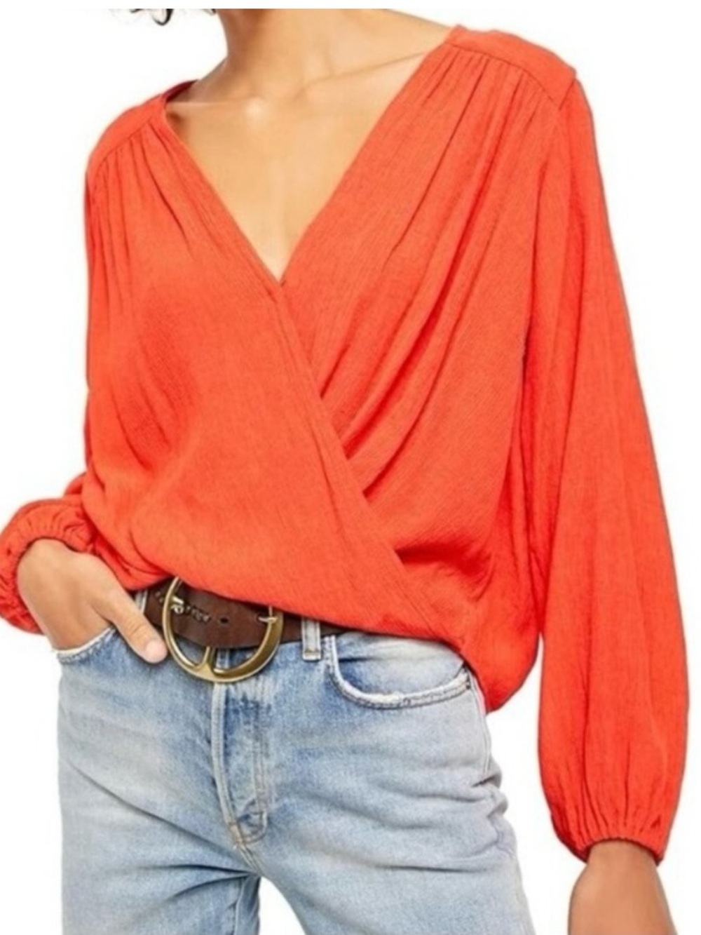 Free People Check On It Flame Red Surplice High Low Blouse NWT Small